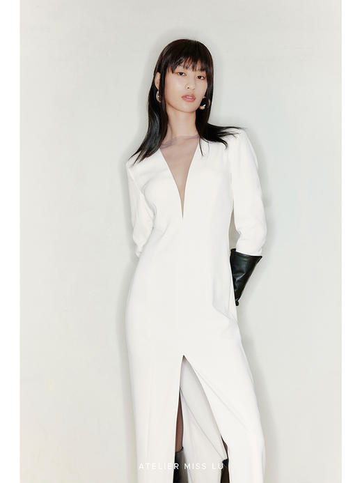 【雅典娜】弧形深V薄纱拼接垫肩前开衩长裙/220000010B 商品图2