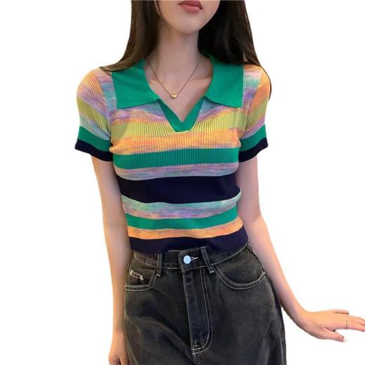 翻领短袖条纹ins潮针织衫女夏季显瘦百搭短款甜美薄款小个子上衣 商品图4
