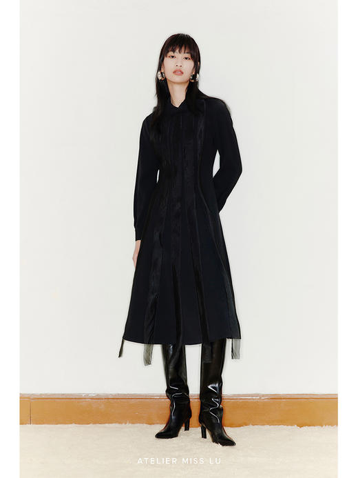 【黑天鹅】薄纱斜裁拼接收腰A字过膝连衣裙/22000047 商品图0