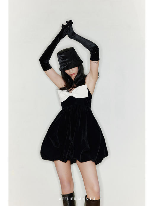 【瑞球】装饰蝴蝶结花苞造型丝绒拼色连衣裙/22000044 商品图1