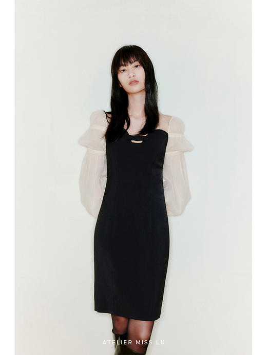 【伊拉贝丝】爱心蝴蝶结镂空领口泡泡柔纱袖收腰修身连衣裙/22000036 商品图2