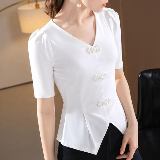 中袖t恤，气质v领开叉棉体恤复古中国结排扣收腰上衣SG-T2Q2943 商品图2