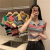 翻领短袖条纹ins潮针织衫女夏季显瘦百搭短款甜美薄款小个子上衣 商品缩略图0