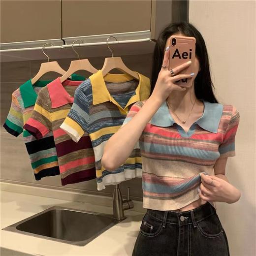 翻领短袖条纹ins潮针织衫女夏季显瘦百搭短款甜美薄款小个子上衣 商品图0