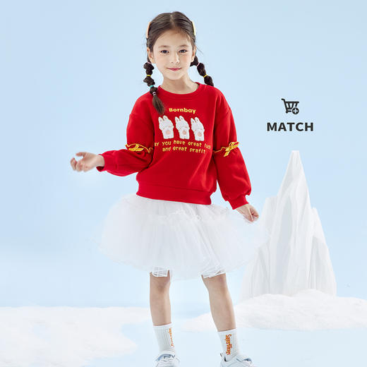 贝贝怡 秋冬女童红色喜庆抓绒保暖上衣可爱时尚卫衣223S3085 商品图4