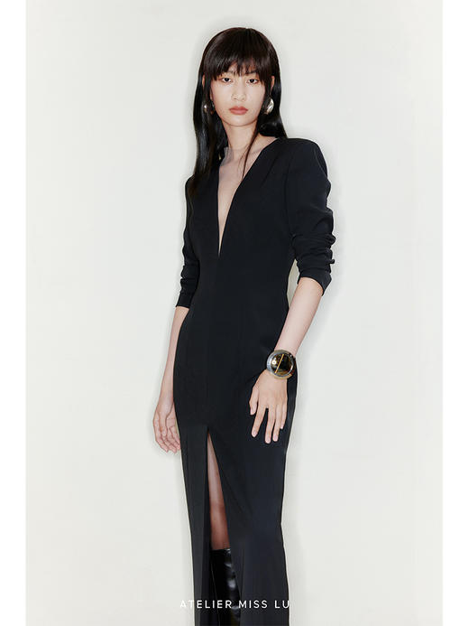 【宙斯】弧形深V薄纱拼接垫肩前开衩长裙/220000010A 商品图2