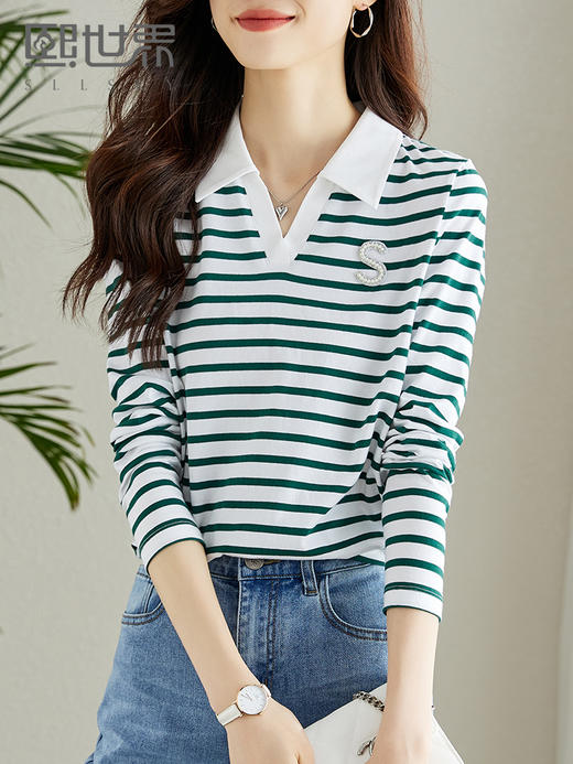 【年终特卖】熙世界西姆尔条纹T恤女长袖百搭简约POLO衫女早秋新款上衣ins 商品图1