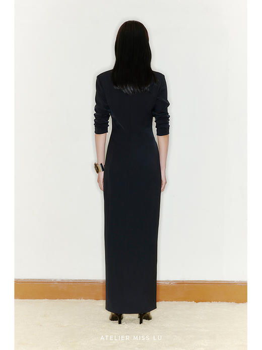 【宙斯】弧形深V薄纱拼接垫肩前开衩长裙/220000010A 商品图3