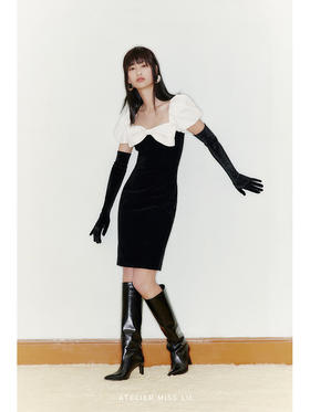 【甜茶】装饰蝴蝶结泡泡袖修身丝绒拼色连衣裙/22000042