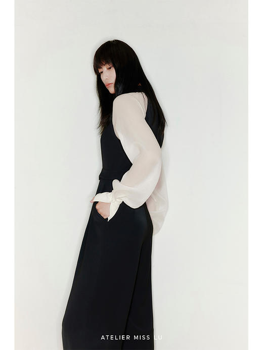 【曙光】削肩薄纱长袖拼色衬衣领高腰连体裤/22000005 商品图2