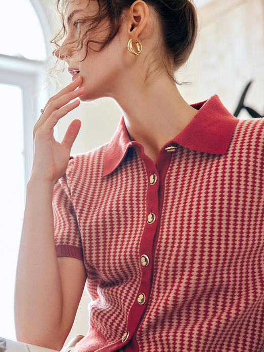 OLrain法式红色polo领短袖针织衫女夏季2022新款宽松薄款套头上衣 商品图3