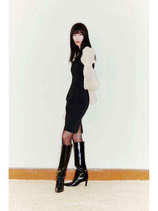 【伊拉贝丝】爱心蝴蝶结镂空领口泡泡柔纱袖收腰修身连衣裙/22000036 商品图1