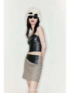 【划破长夜】天然羊毛混织马海毛拼接羊皮革短裙/2200021B