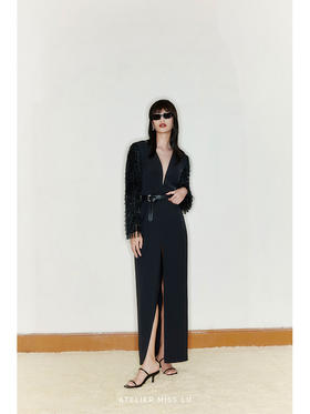 【夜莺】羽毛感闪亮流苏弧形深V薄纱拼接垫肩前开衩长裙/22000009