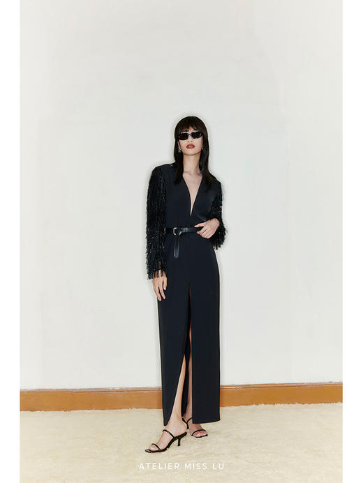 【夜莺】羽毛感闪亮流苏弧形深V薄纱拼接垫肩前开衩长裙/22000009 商品图0