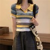 翻领短袖条纹ins潮针织衫女夏季显瘦百搭短款甜美薄款小个子上衣 商品缩略图3