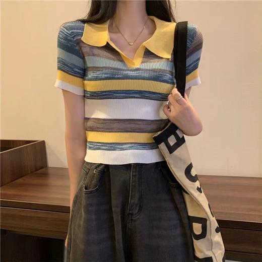 翻领短袖条纹ins潮针织衫女夏季显瘦百搭短款甜美薄款小个子上衣 商品图3