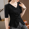 中袖t恤，气质v领开叉棉体恤复古中国结排扣收腰上衣SG-T2Q2943 商品缩略图3