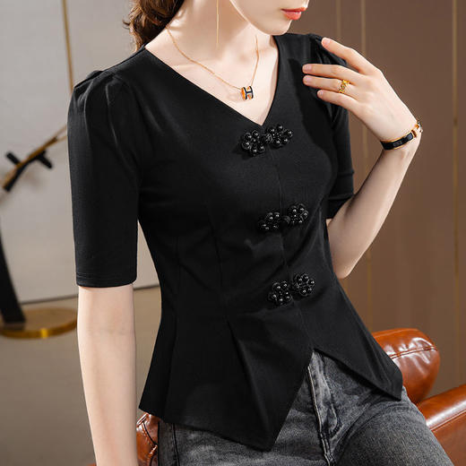 中袖t恤，气质v领开叉棉体恤复古中国结排扣收腰上衣SG-T2Q2943 商品图3