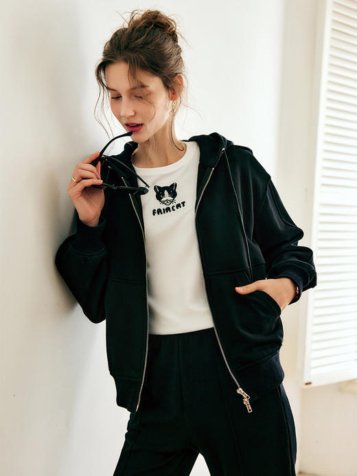 欧芮儿黑色连帽卫衣女夏季2022新款宽松运动抽绳刺绣开衫针织外套 商品图0