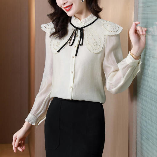 MZ80469新款时尚名媛气质娃娃领长袖荷叶边仿真丝衬衫 商品图1