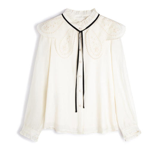 MZ80469新款时尚名媛气质娃娃领长袖荷叶边仿真丝衬衫 商品图5