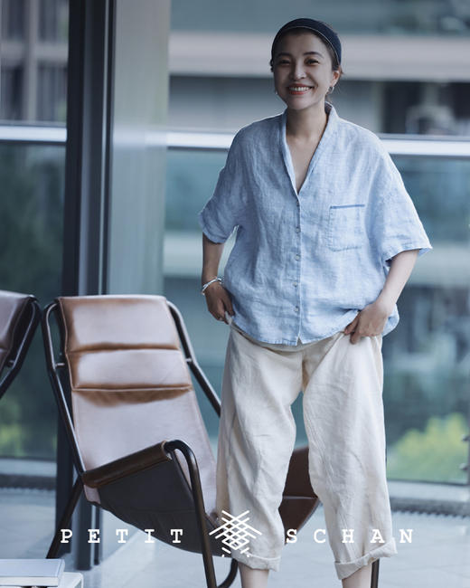 PETIT SCHAN小闪 CLO#100 moonlight 月光 法国进口色织亚麻青果领短袖衬衫 商品图2