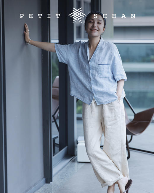 PETIT SCHAN小闪 CLO#100 moonlight 月光 法国进口色织亚麻青果领短袖衬衫 商品图4