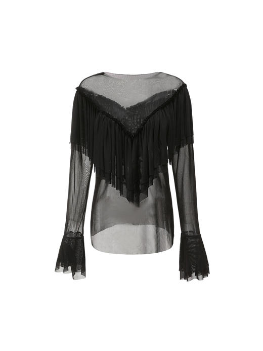 【暗夜波浪】百褶V领设计弹力网纱微透上衣/220033A 商品图4