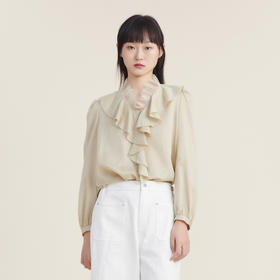 谜底2022秋新品复古浪漫舒适柔软荷叶边真丝棉上衣女223MS1072