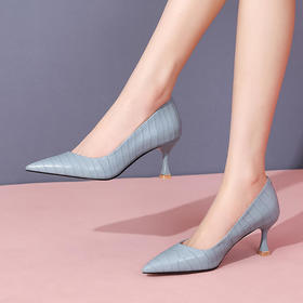 2022新款春季蓝色软皮鱼纹防踢金属尖头细跟高跟鞋女 JZX111-196