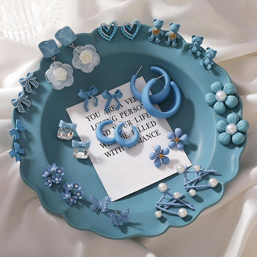 【蓝色文艺风耳环，小清新必备单品】蓝色系耳环，文艺小清新雾霾蓝花朵几何，百搭耳饰耳钉，甜美网红饰品女 商品图2