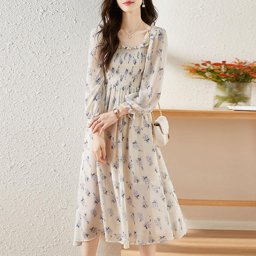 甜美法式雪纺碎花连衣裙长款2022秋新款设计感小众方领裙子 DL1922 商品图3