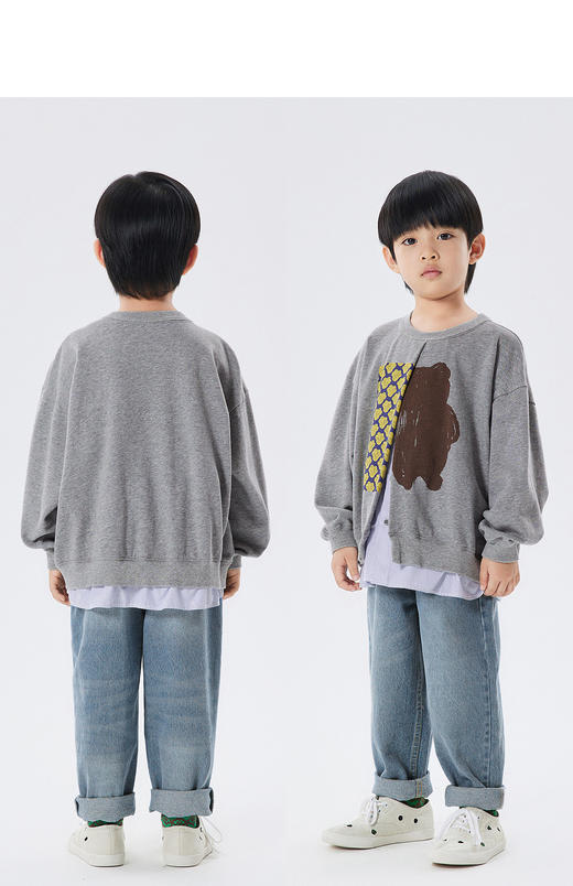 江南布衣童 22年秋款  拼接开衫印花无帽套头卫衣  1M8411860 商品图7