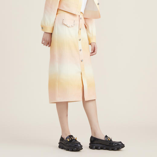 谜底2022秋新品梦幻般朝霞渐变色单排扣纯棉半身裙223MB1209 商品图1