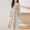 甜美法式雪纺碎花连衣裙长款2022秋新款设计感小众方领裙子 DL1922 商品缩略图1
