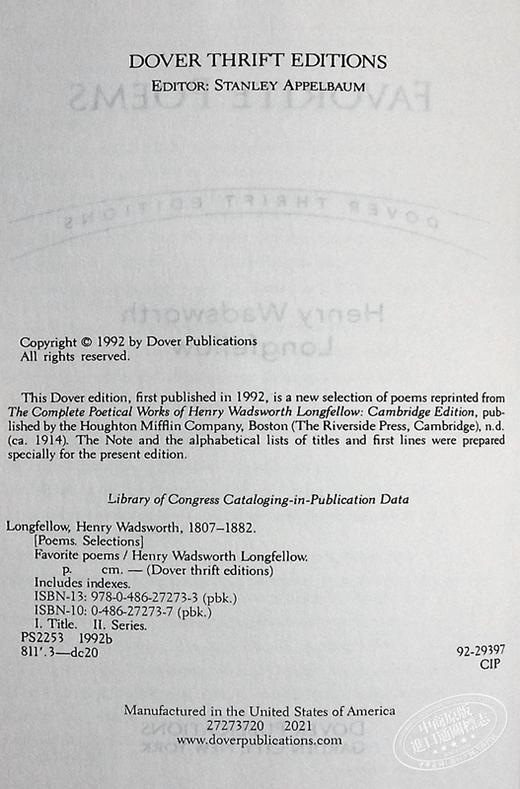【中商原版】Dover Thrift Editions：Favorite Poems 英文原版 美国诗人朗费罗诗选 Henry Wadsworth Longfellow 商品图8