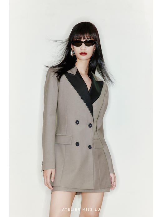 【烟熏山谷】天然羊毛混马海毛羊皮革拼接垫肩中长款西装外套/220032 商品图3