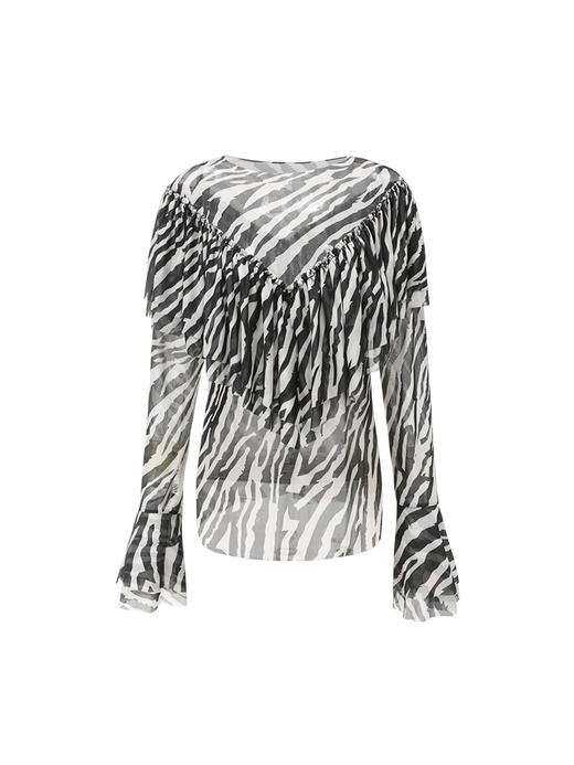 【峡谷波浪】品牌定制峡谷斑马印花百褶V领弹力网纱微透上衣/220033B 商品图4