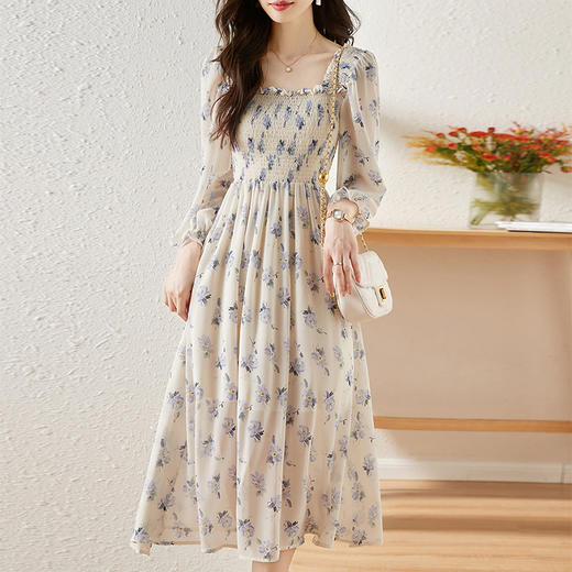 甜美法式雪纺碎花连衣裙长款2022秋新款设计感小众方领裙子 DL1922 商品图2