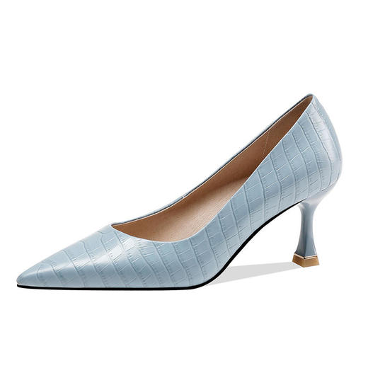 2022新款春季蓝色软皮鱼纹防踢金属尖头细跟高跟鞋女 JZX111-196 商品图7