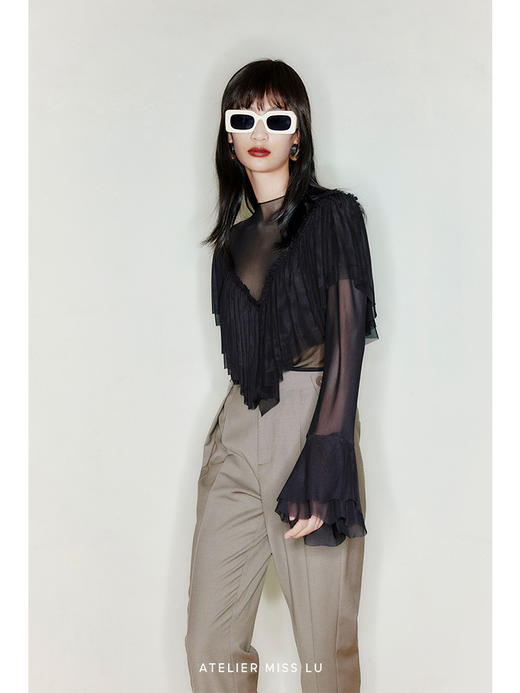 【暗夜波浪】百褶V领设计弹力网纱微透上衣/220033A 商品图1