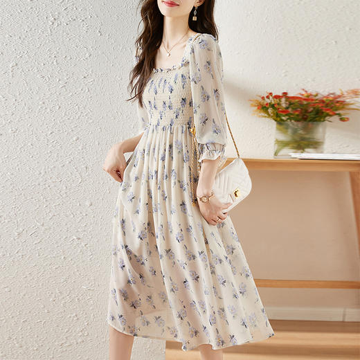 甜美法式雪纺碎花连衣裙长款2022秋新款设计感小众方领裙子 DL1922 商品图0