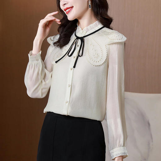 MZ80469新款时尚名媛气质娃娃领长袖荷叶边仿真丝衬衫 商品图3