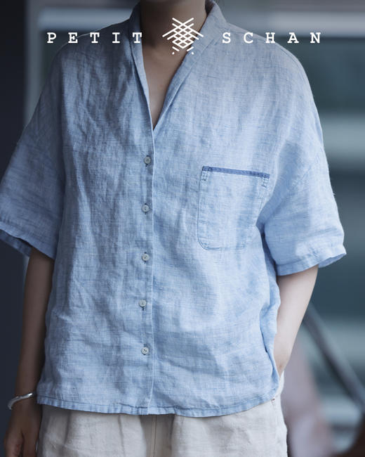 PETIT SCHAN小闪 CLO#100 moonlight 月光 法国进口色织亚麻青果领短袖衬衫 商品图1