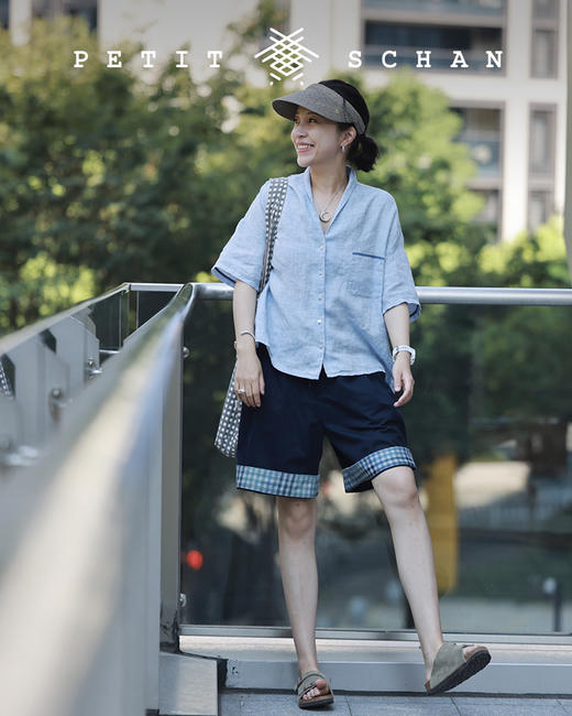 PETIT SCHAN小闪 CLO#100 moonlight 月光 法国进口色织亚麻青果领短袖衬衫 商品图6