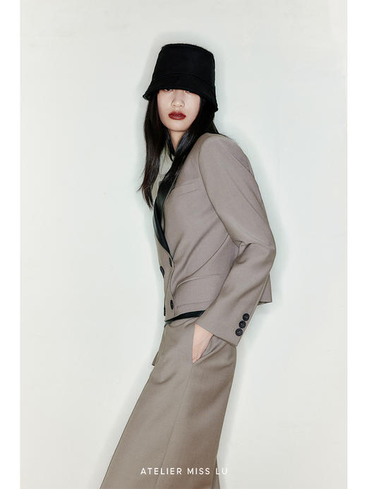 【烟熏沙漠】天然羊毛混织马海毛羊皮革拼接垫肩西装短外套220028 商品图2