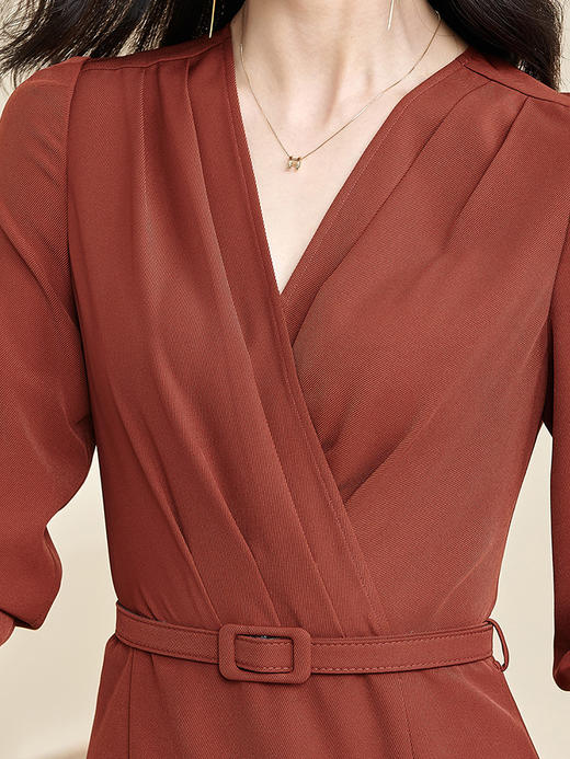 米思阳2026春季新款优雅大方简约连衣裙压褶V领长袖中长裙子2285 商品图4