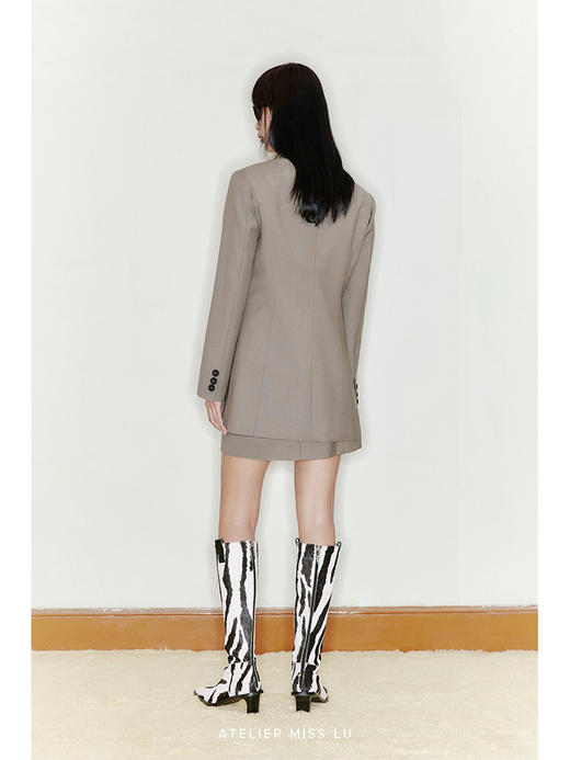 【烟熏山谷】天然羊毛混马海毛羊皮革拼接垫肩中长款西装外套/220032 商品图1