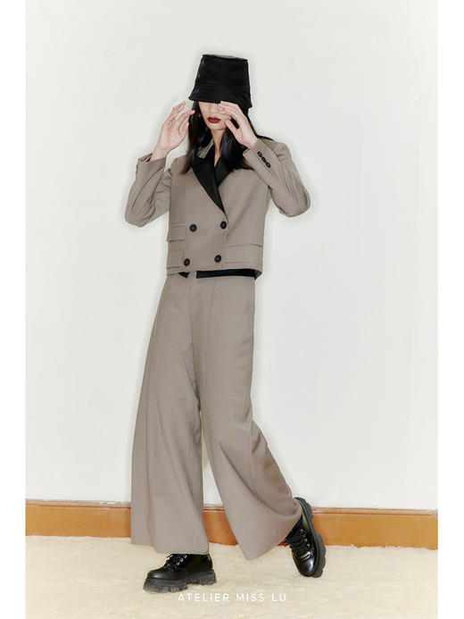 【千纸鹤】天然羊毛混织马海毛腰部拼接羊皮革高腰阔腿裤/2200019 商品图2